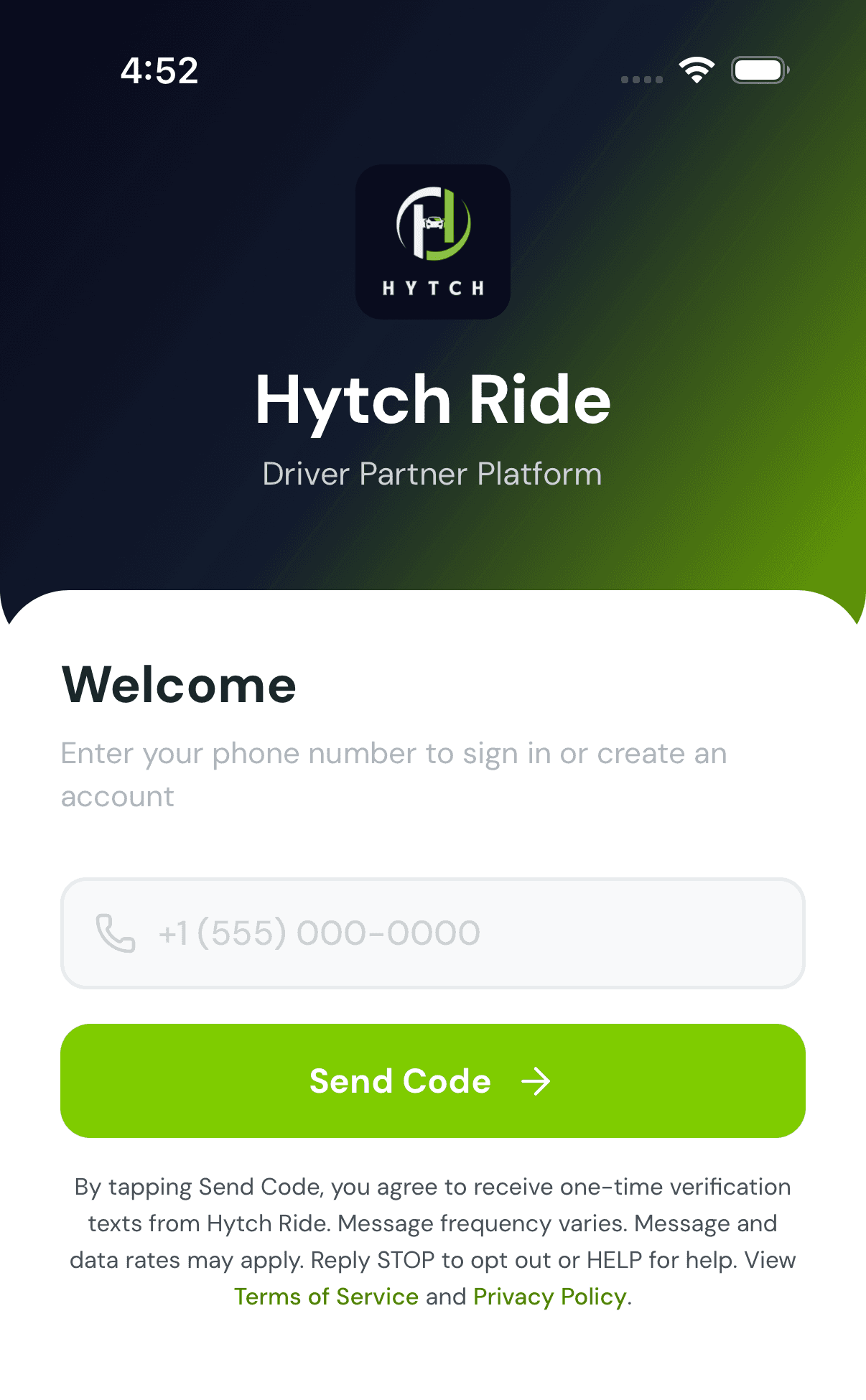 Hytch Driver phone entry screen showing the Send Code button and adjacent SMS disclosure