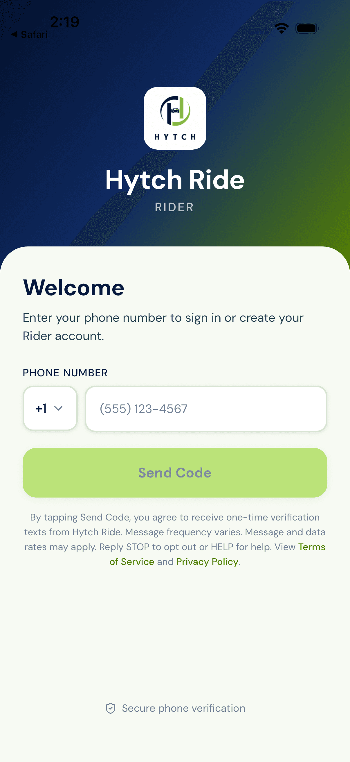 Hytch Rider phone entry screen showing the Send Code button and adjacent SMS disclosure